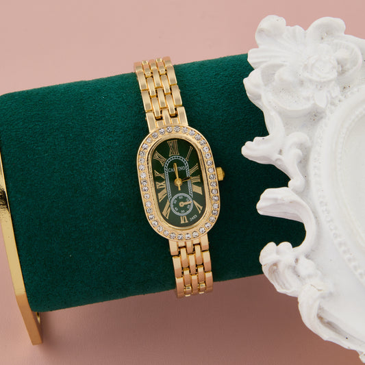Elegant Gold & Green Roman Dial Watch with Crystal Accents for Women