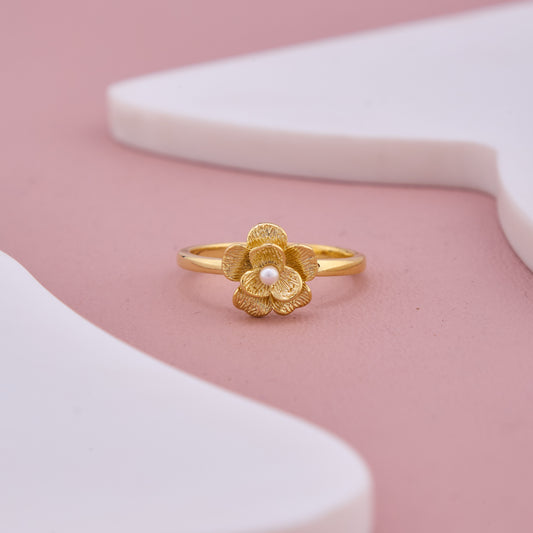 Gold Floral Ring with Pearl Center
