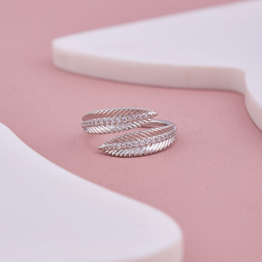 Silver Leaf-Inspired Adjustable Ring with White Stones