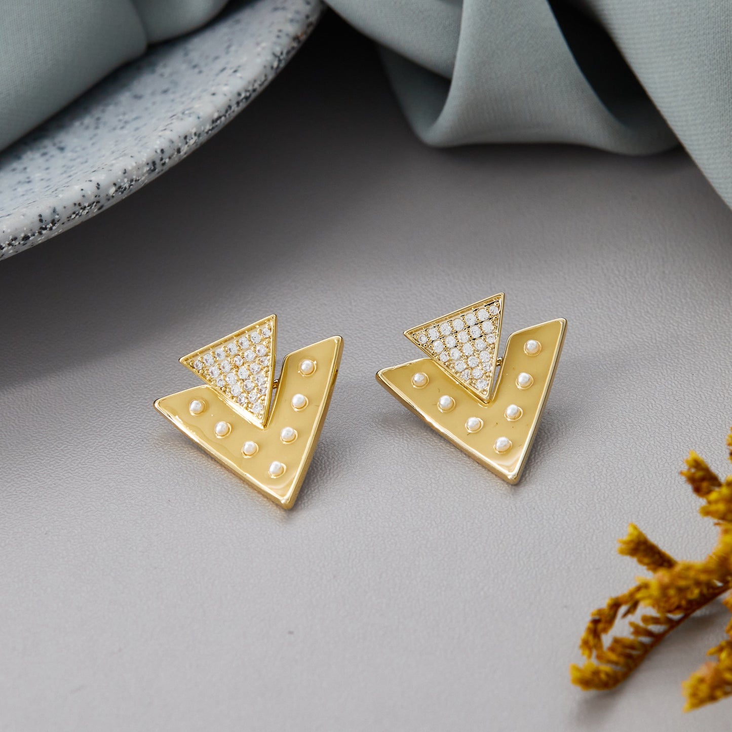 Contemporary Gold Geometric Earrings with Pearls & Crystals