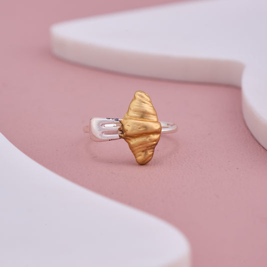 Silver Adjustable Ring with Golden Croissant Design