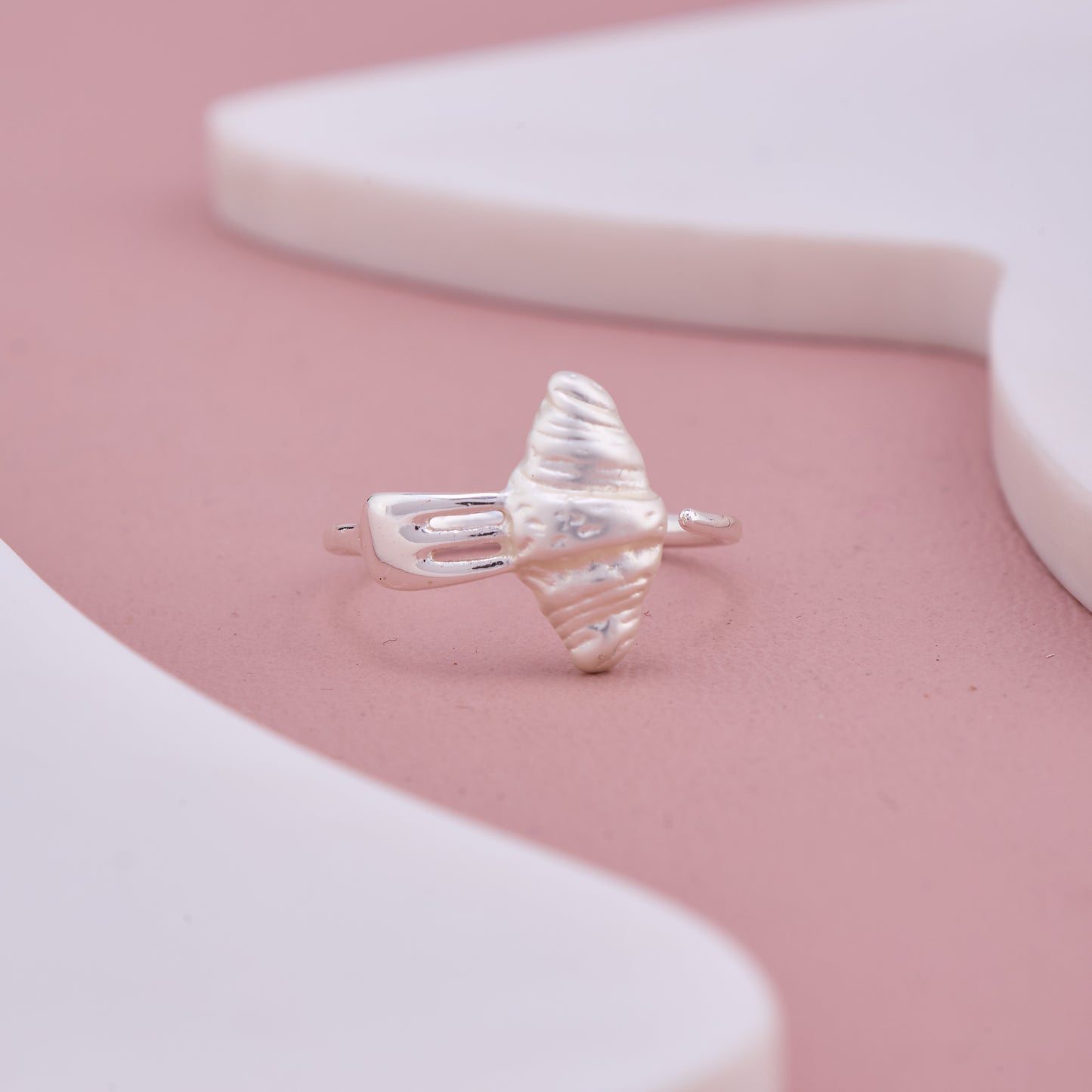 Silver Adjustable Ring with Croissant & Fork Design