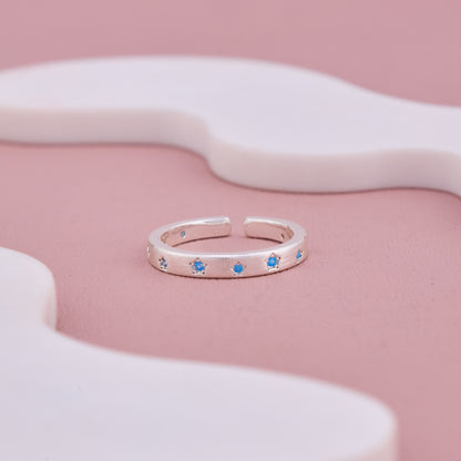 Silver Adjustable Band Ring with Blue Star Accents