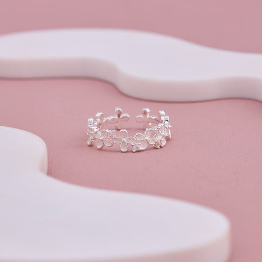 Silver Floral Adjustable Ring with Crystal Accents