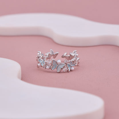Silver Butterfly Adjustable Ring with Blue Enamel and Pearl Accents