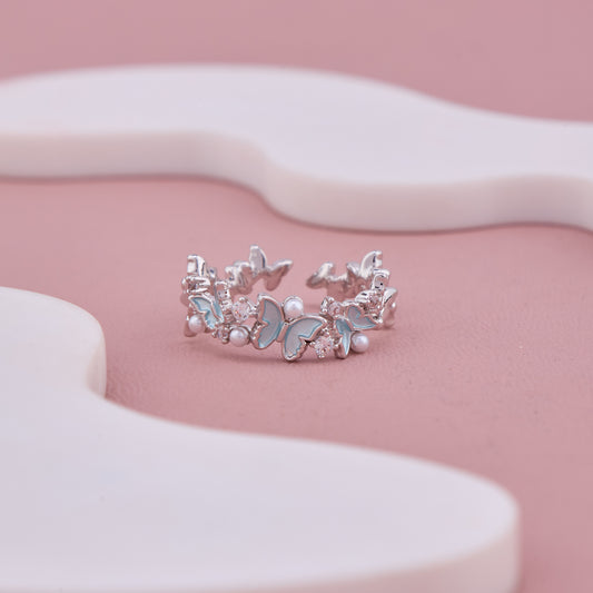 Silver Butterfly Adjustable Ring with Blue Enamel and Pearl Accents