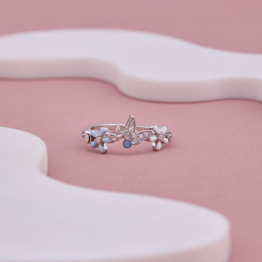 Silver Butterfly and Flower Adjustable Ring with Blue and White Enamel Detailing