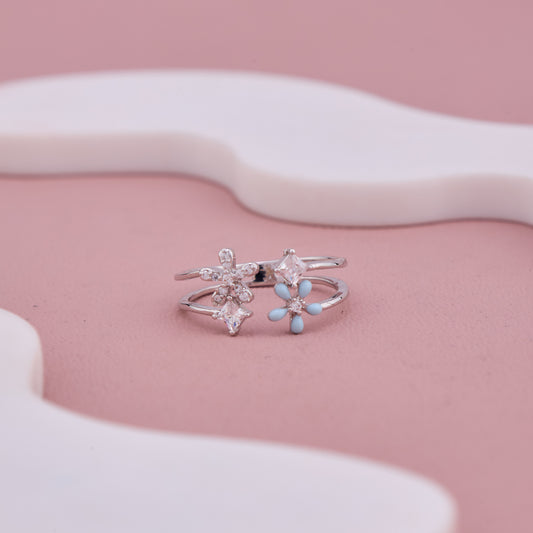 Silver Adjustable Double Flower Ring with Blue Enamel