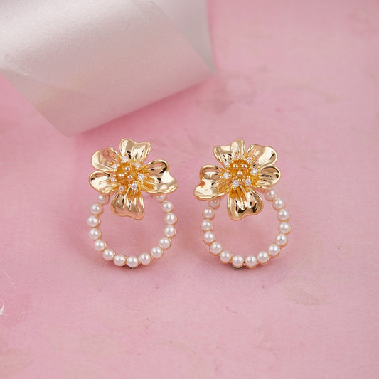 Floral Pearl Loop Earrings for Women