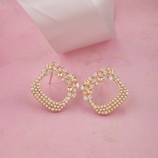 Floral Pearl & Crystal Square Stud Earrings