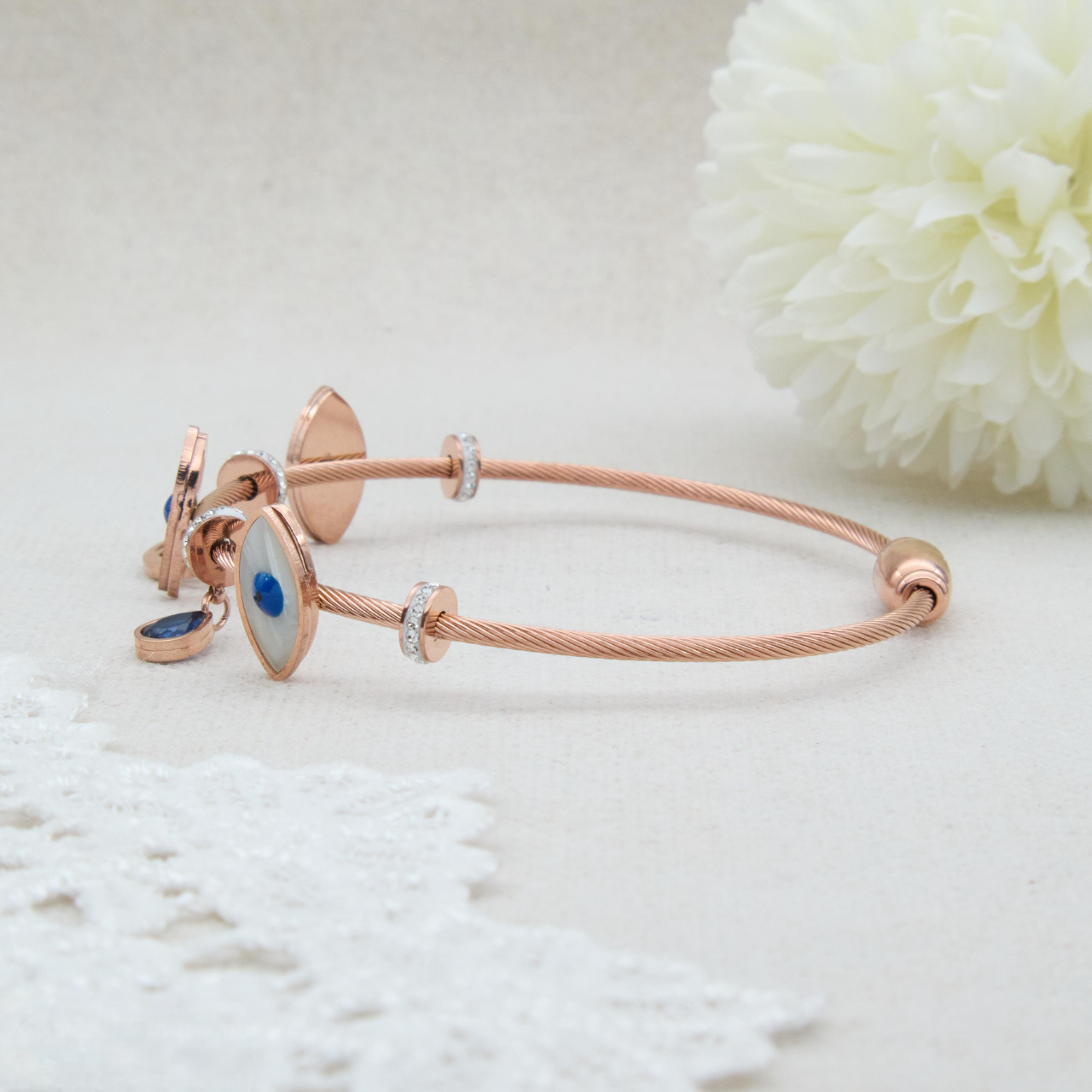 ✨ Rosegold Evil-Eye Charm Bracelet | Anti-Tarnish Premium Designer Magnetic Bracelet with Blue Charm for Girls and Women | Ideal for Special Occasions ✨