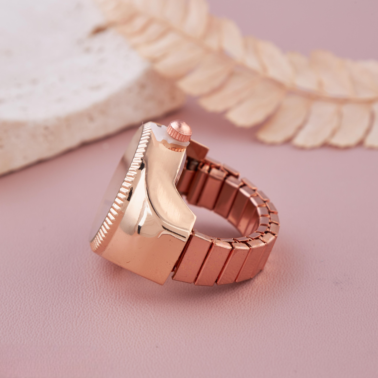 Rose Gold Ring Watch with White Dial & Red Heart Detail