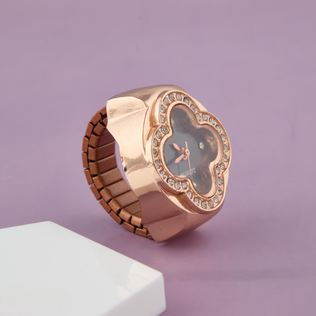 Elegant Rose Gold Ring Watch with Crystal Accents