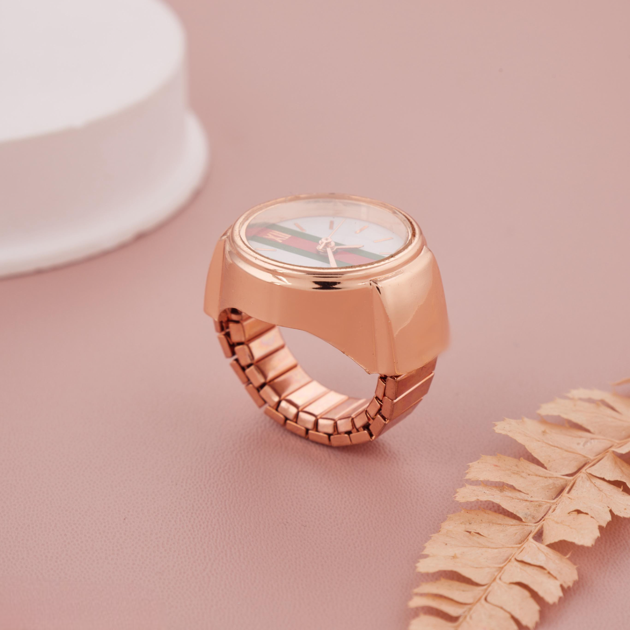 Rose Gold Round Ring Watch with White Dial & Red-Green Stripe Design