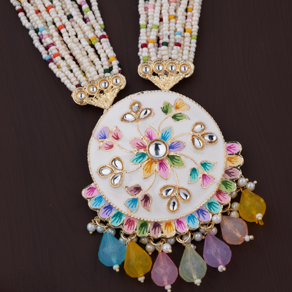 Multicolor Beaded Necklace Set with Hand-Painted Pendant & Earrings