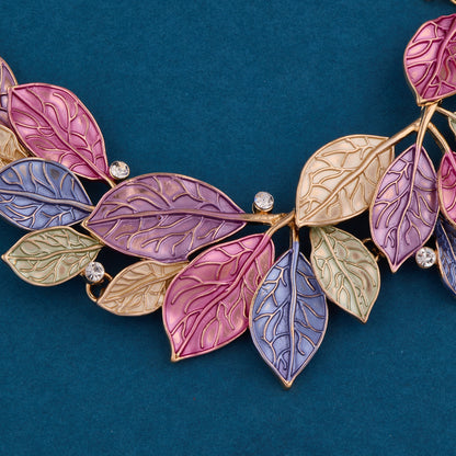 Multicolor Leaf Necklace Set with Gold Chain & Earrings
