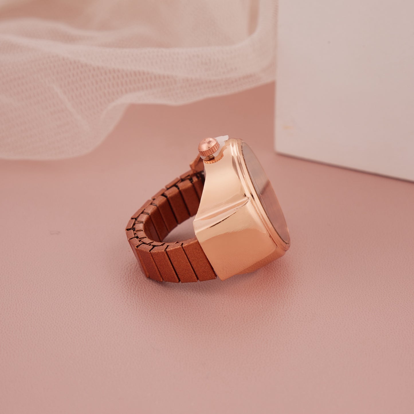 Rose Gold Ring Watch with Black Roman Dial