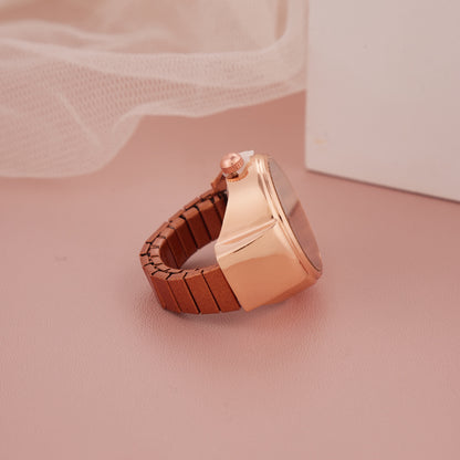 Rose Gold Ring Watch with Black Roman Dial