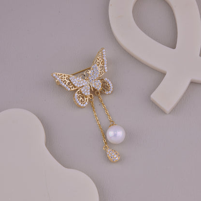 Crystal Butterfly Pearl Drop Brooch