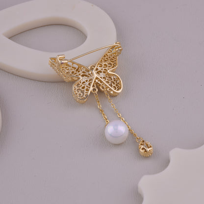 Crystal Butterfly Pearl Drop Brooch