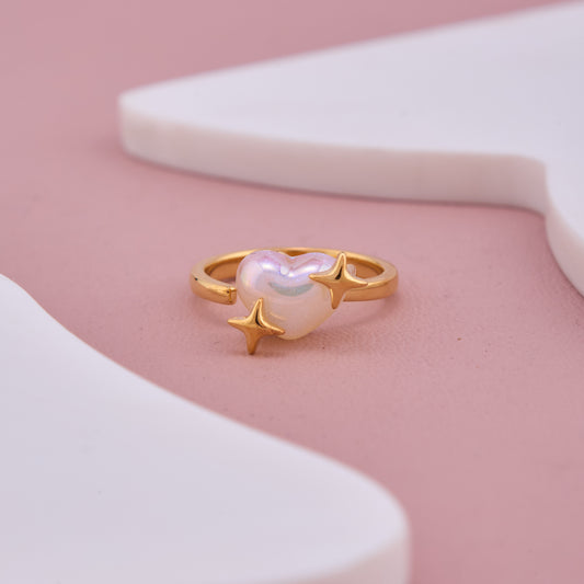 Gold Heart Opal Ring with Star Accents