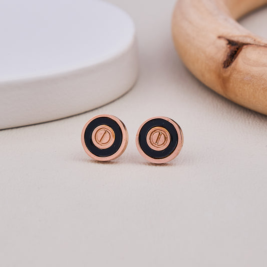 Rose Gold Black Enamel Circle Stud Earrings