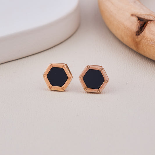 Hexagon Black Enamel Stud Earrings