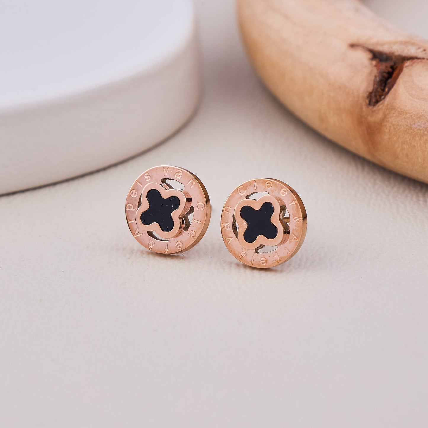 Rose Gold Black Clover Engraved Stud Earrings