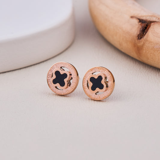 Rose Gold Black Clover Engraved Stud Earrings