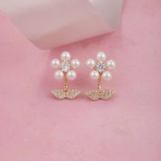 Elegant Pearl Flower Stud Earrings with Crystal Leaf Detail