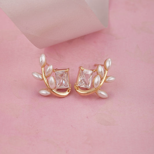Square Crystal Stud Earrings with Pearl Leaf Design