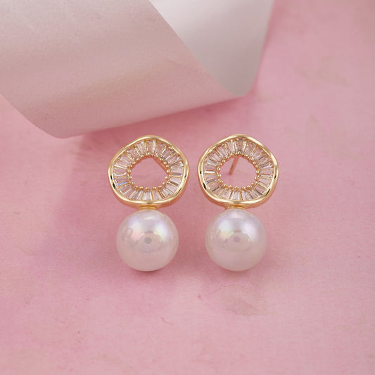 Elegant Pearl Stud Earrings with Gold Textured Circle