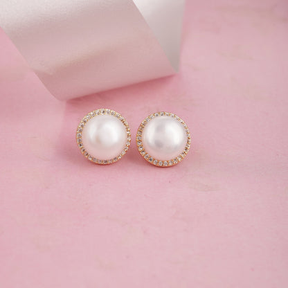 Classic Round Pearl Stud Earrings with Crystal Halo
