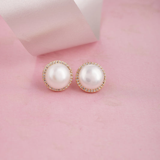 Classic Round Pearl Stud Earrings with Crystal Halo