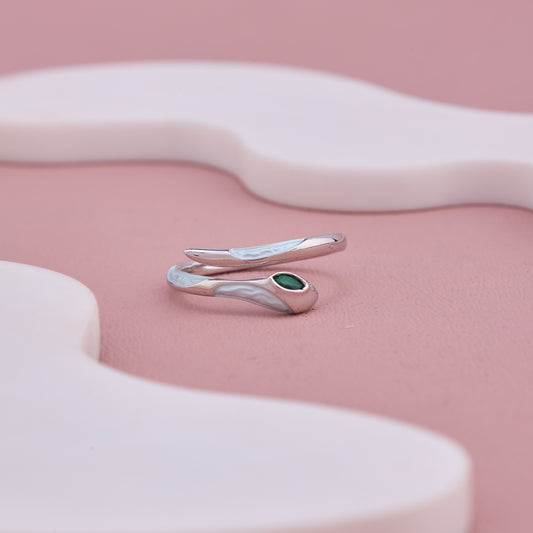 Silver Snake Wrap Ring with Green Stone