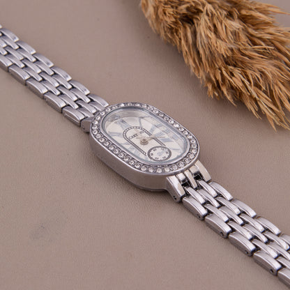 Silver-Tone Crystal-Accented Oval Dial Watch with Roman Numerals for Women