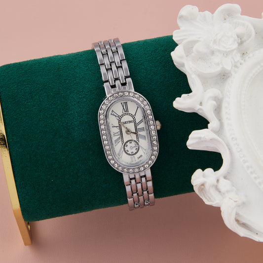 Silver-Tone Crystal-Accented Oval Dial Watch with Roman Numerals for Women