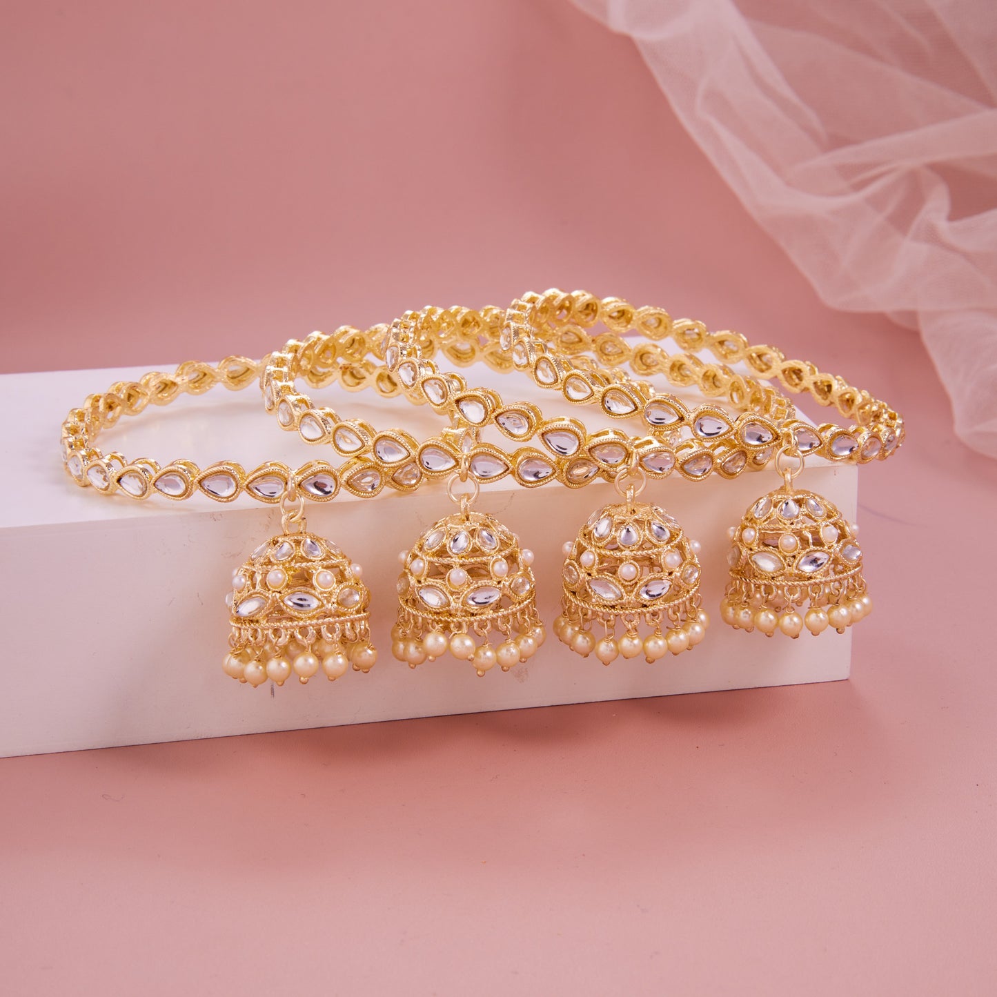 Gold Plated Pear Shape Kundan Jhumkha Bangle Set (Set of 4)
