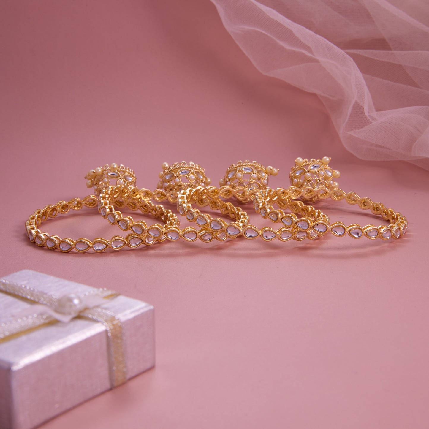 Gold Plated Pear Shape Kundan Jhumkha Bangle Set (Set of 4)