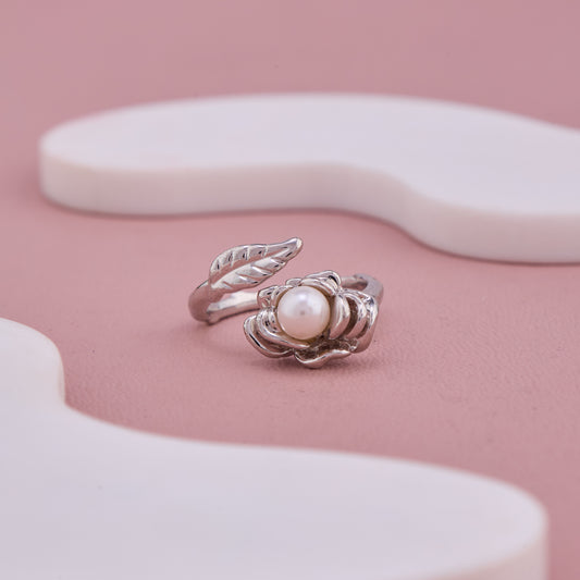 Silver Rose Pearl Ring