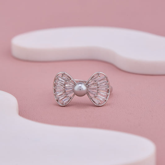 Crystal Bow Pearl Ring
