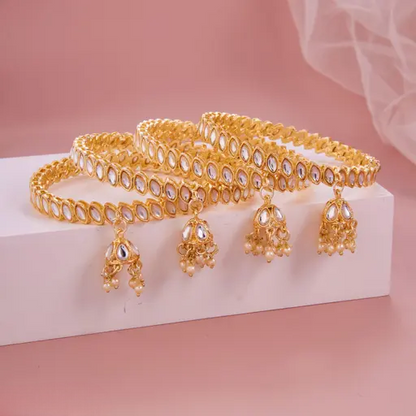 Gold-Plated Tilak Shape Kundan Jhumki Bangle Set (Set of 4)