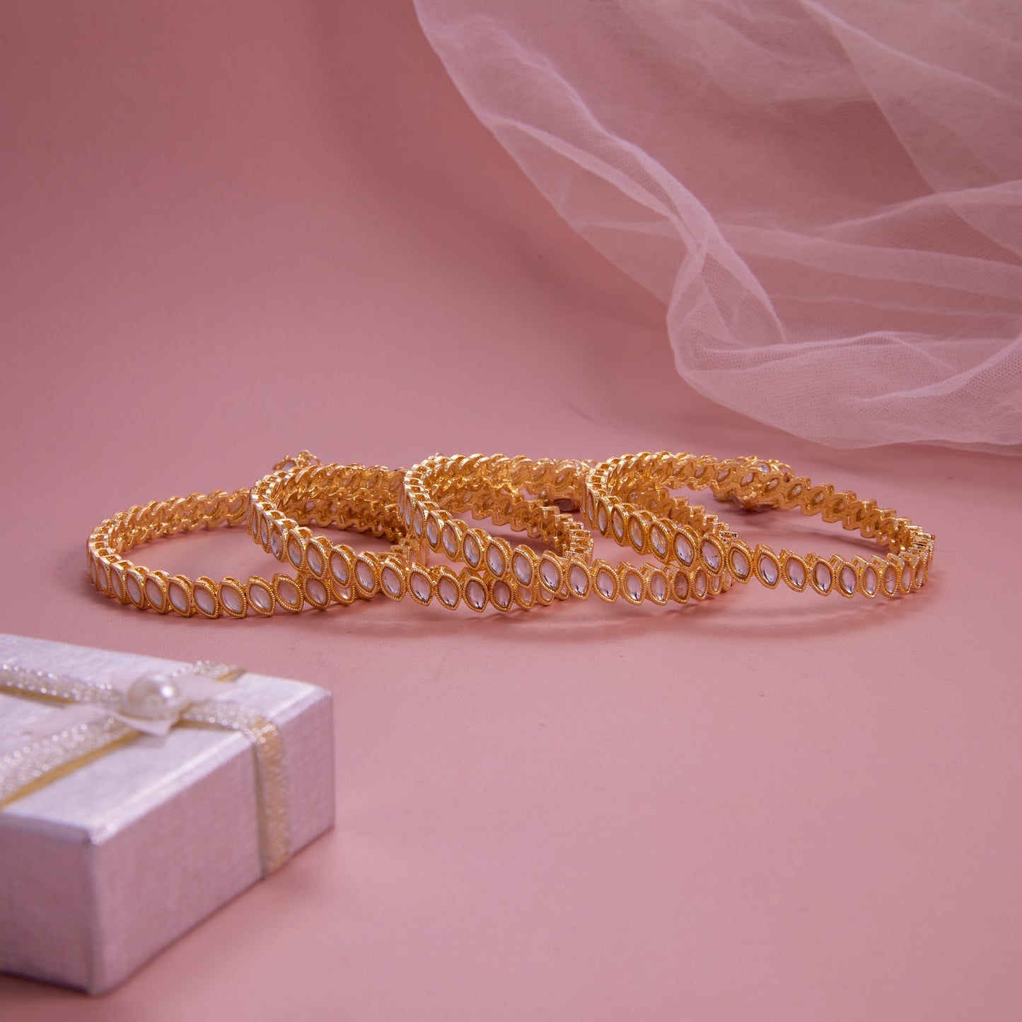 Gold-Plated Tilak Shape Kundan Jhumki Bangle Set (Set of 4)