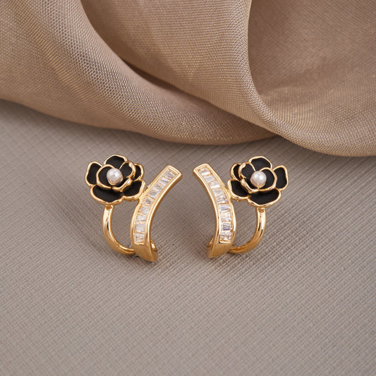 Gold Earrings with Black & White Floral Design