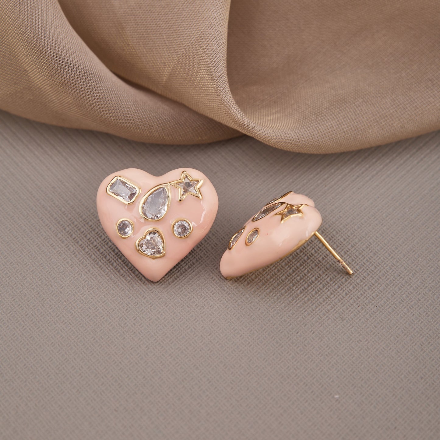 Pink Heart Earrings with Diamonds and Star Accents