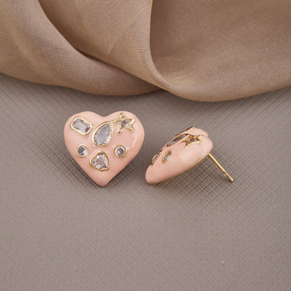 Pink Heart Earrings with Diamonds and Star Accents