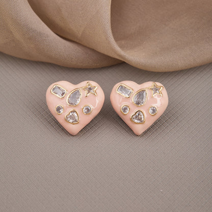 Pink Heart Earrings with Diamonds and Star Accents
