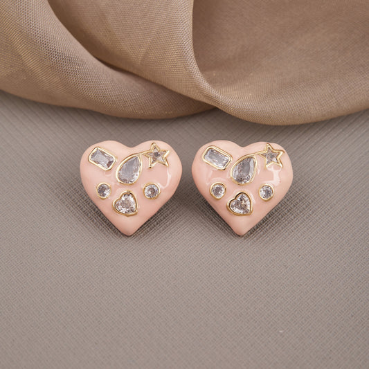Pink Heart Earrings with Diamonds and Star Accents