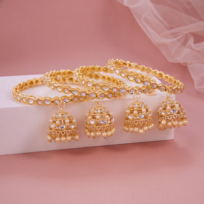 Gold-Plated Round & Pear Shapes Kundan Jhumki Bangle Set (Set of 4)