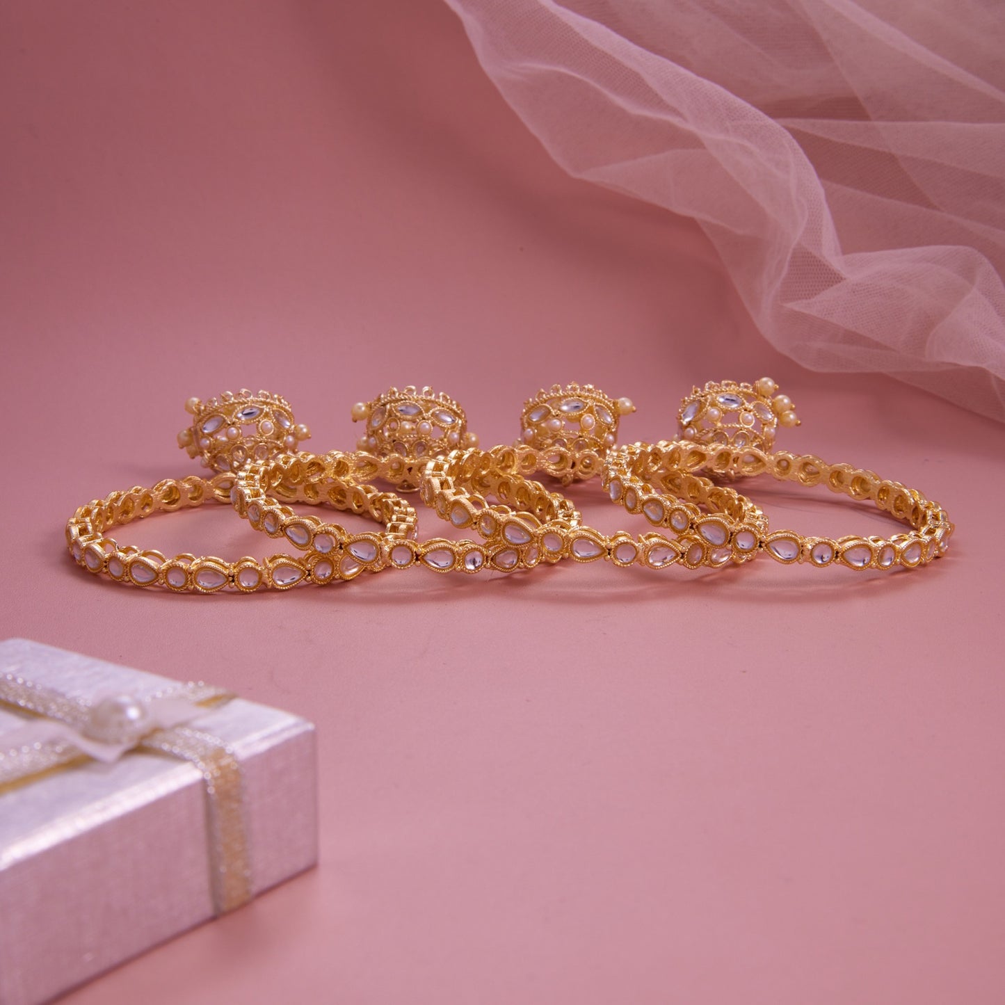 Gold-Plated Round & Pear Shapes Kundan Jhumki Bangle Set (Set of 4)